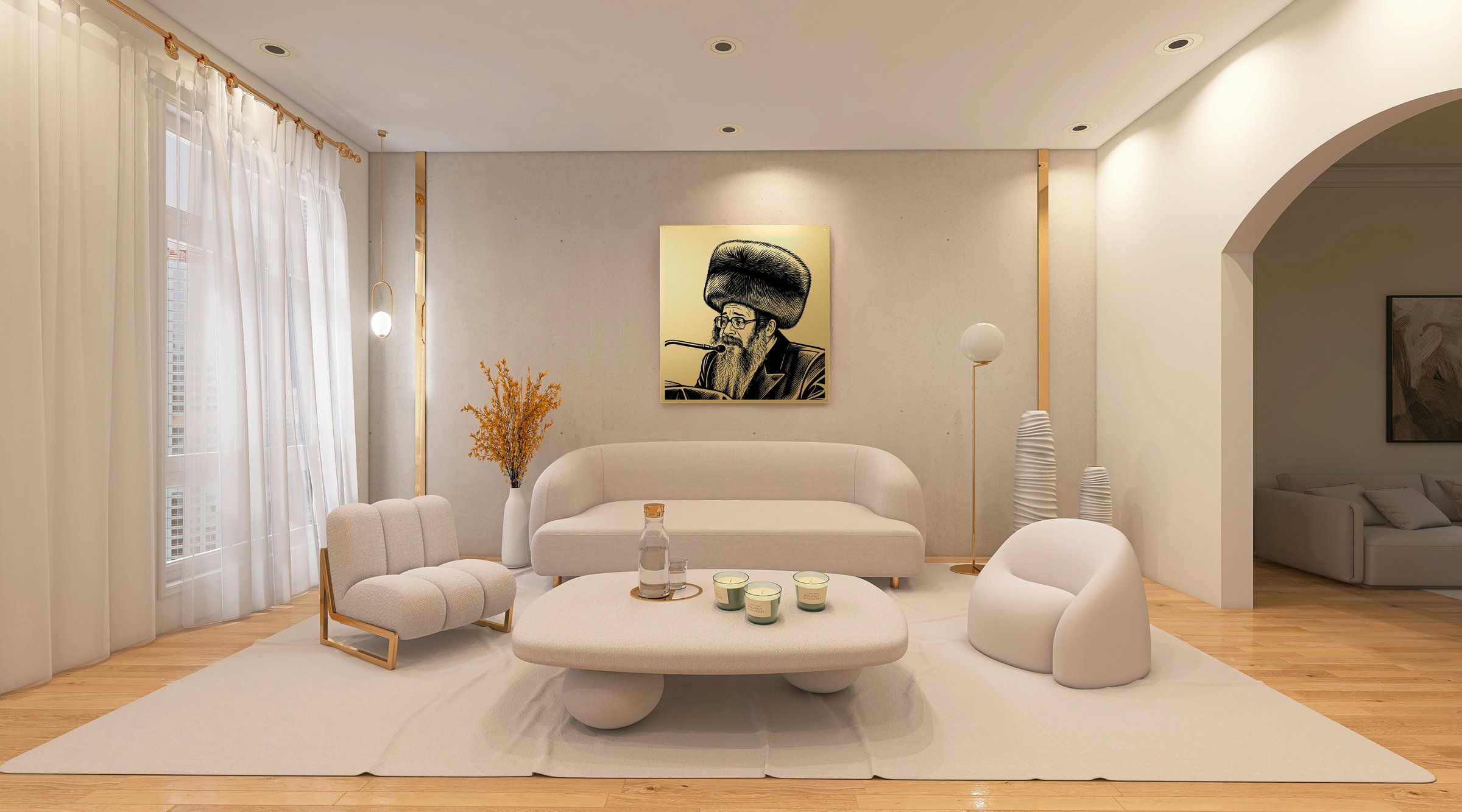 Custom engraved acrylic portrait piece displayed above a sofa